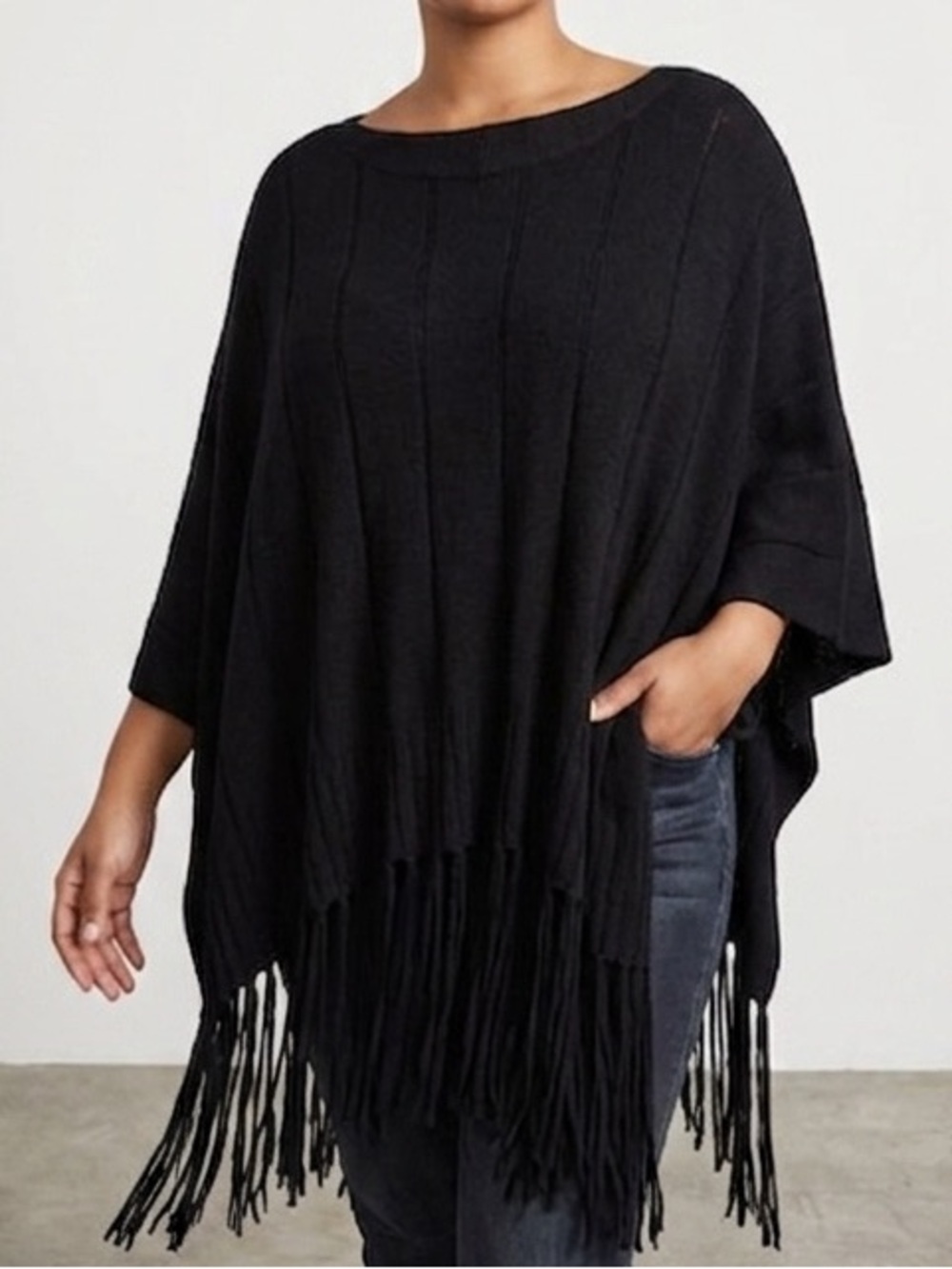 Reba Black Fringe Poncho One Size
